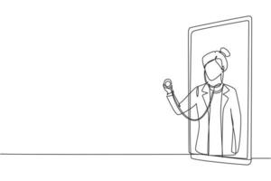 Une femme médecin en continu sort de l'écran du smartphone tenant un stéthoscope. services médicaux en ligne, concept de consultation médicale. illustration graphique de vecteur de conception de dessin à une seule ligne