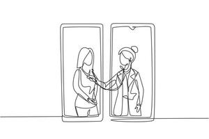 une seule ligne continue dessinant deux smartphones face à face avec une femme médecin vérifiant la fréquence cardiaque d'une patiente à l'aide d'un stéthoscope. Une ligne dynamique dessiner illustration vectorielle de conception graphique vecteur