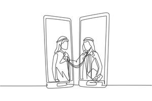 une seule ligne dessinant deux smartphones face à face avec un médecin arabe vérifiant la fréquence cardiaque d'un patient masculin à l'aide d'un stéthoscope. ligne continue moderne dessiner illustration vectorielle graphique vecteur