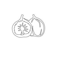 un seul dessin de figue biologique saine entière et tranchée pour l'identité du logo du verger. concept de fruits tropicaux frais pour l'icône de jardin de fruits. ligne continue moderne dessiner illustration vectorielle de conception vecteur