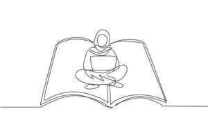 dessin au trait continu unique femme arabe avec ordinateur portable assis sur un grand livre ouvert. indépendant, apprentissage à distance, cours en ligne et concept d'étude. une ligne dessiner illustration vectorielle de conception graphique vecteur