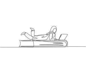 dessin continu d'une ligne jeune femme arabe avec un ordinateur portable allongé sur un gros livre. indépendant, apprentissage à distance, cours en ligne, concept d'étude. illustration graphique de vecteur de conception de dessin à une seule ligne