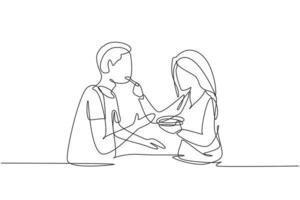 dessin continu d'une ligne une femme romantique nourrit son mari. couple heureux en train de dîner ensemble au restaurant. célébrer les anniversaires de mariage. illustration graphique de vecteur de conception de dessin à une seule ligne