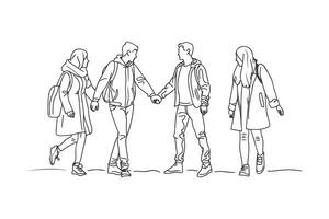 groupe de gens marche, garçons et les filles accident vasculaire cérébral contour illustration, copains groupe, couple vecteur