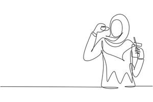 dessin continu d'une ligne jeune femme arabe prenant un repas de beignet et buvant une tasse de café avec la main. profiter du petit déjeuner. nourriture délicieuse et saine. illustration graphique de vecteur de conception de dessin à une seule ligne