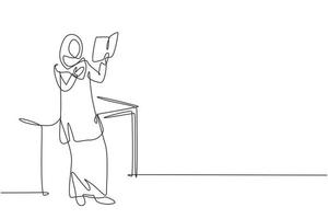 dessin au trait continu unique femme arabe lisant, apprenant et debout autour de la table. étudier en bibliothèque. étudiant intelligent, concept d'éducation. Une ligne dynamique dessiner illustration vectorielle de conception graphique vecteur