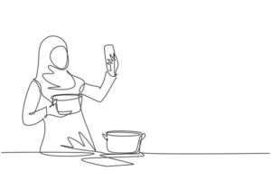 femme au foyer arabe dessinant une seule ligne prenant un selfie ou passant un appel vidéo à l'aide de son smartphone tout en préparant une salade fraîche. concept d'alimentation saine. ligne continue dessiner illustration vectorielle graphique de conception vecteur