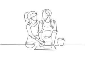 dessin au trait continu simple couple romantique se regardant tout en roulant la pâte molle pendant la préparation de la pâtisserie dans une cuisine confortable à la maison. illustration vectorielle de conception graphique dynamique d'une ligne vecteur