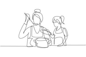 dessin continu d'une ligne petite fille tenant le couvercle de la casserole et sa belle maman dégustant des aliments à l'aide d'une cuillère de cuisine. cuisiner ensemble dans la cuisine. illustration graphique de vecteur de conception de dessin à une seule ligne