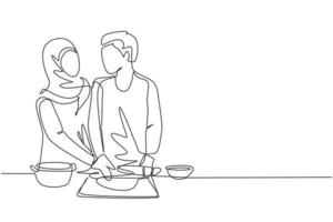 dessin continu d'une ligne un couple arabe romantique se regardant tout en roulant de la pâte molle pendant la préparation de la pâtisserie dans une cuisine confortable à la maison. illustration graphique de vecteur de conception de dessin à une seule ligne