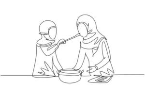 une seule ligne dessinant une mère arabe dégustant des aliments donnés par sa belle jeune fille. cuisiner pour le déjeuner ensemble dans une cuisine confortable à la maison. ligne continue dessiner illustration vectorielle graphique de conception vecteur