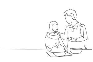 dessin d'une seule ligne heureux père et fille arabes cuisiner dans une cuisine confortable. profiter du pétrissage de la pâte à gâteau ou de la boulangerie ensemble à la maison. ligne continue moderne dessiner illustration vectorielle graphique vecteur