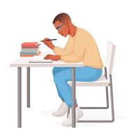étudiant afro-américain assis au bureau en lisant un livre. jeune homme concentré étudiant et se préparant aux examens. illustration vectorielle isolée sur fond blanc.