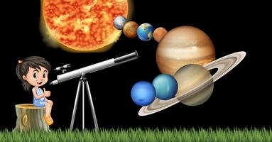 Fille avec télescope apprenant le système solaire vecteur
