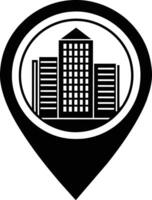 une noir et blanc silhouette emplacement épingle icône avec une ville bâtiment, carte marqueur vecteur