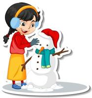 une fille construisant un autocollant de personnage de dessin animé de bonhomme de neige vecteur