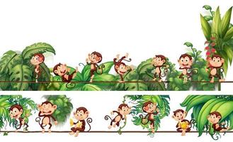 différents personnages de dessins animés de singes sur la corde avec des feuilles tropicales vecteur