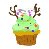 cupcake de noël avec crème au beurre et décoré de cornes et de guirlandes, muffins fabuleux, aliments sucrés, icône vectorielle pour cartes de voeux et salutations. vecteur