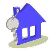 le porte-clés en forme de maison est relié à une clé en métal gris. concept d'achat, de vente, de location de biens immobiliers. illustration vectorielle supérieure.