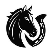 cheval tête avec fer à cheval, noir et blanc illustration vecteur