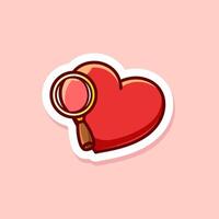 mignonne dessin animé de rouge cœur avec grossissant verre isolé vecteur
