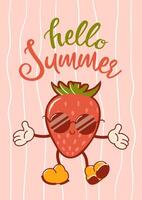 Bonjour été. cool fraise dans des lunettes de soleil, une mignonne rétro dessin animé personnage. sensationnel, ancien. branché vieux style. cartes postales, bannières pour vente. vecteur