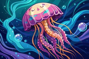 méduse avec écoulement tentacules nager dans le océan. concept de océan animal, mer créature. graphique illustration. impression vecteur