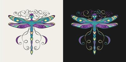 lutin, peu Fée stylisé comme libellule avec recourbé les antennes, étiré ailes dans art nouveau style. Célibataire isolé coloré illustration dans ancien style. vecteur