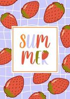 Bonjour été. mûr des fraises sur une à carreaux nappe de table. illustration dans kawaii style. sensationnel, ancien. branché vieux style. pour cartes postales, bannières, vente. vecteur