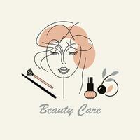 beauté salon logo. femme visage et produits de beauté. illustration. vecteur