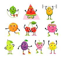 sport des fruits personnages. en bonne santé alimentaire. des fruits sportif. fruit personnages yoga. marrant fruit nourriture sur sport des exercices, aptitude vitamines Humain vecteur