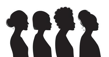 noir femelle silhouettes avec différent coiffures et formes. femmes dans profil sur une blanc Contexte vecteur