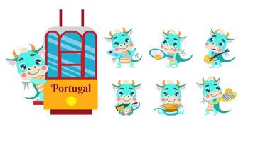 ensemble de mignonne peu dragons dans le Portugal qui balade le tram, aller à le pastel de nata Pâtisserie boutique, jouer tennis, boisson vin, porter poisson, chanter fado. pour le conception de souvenirs pour touristes et voyageurs. vecteur