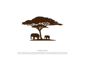silhouette d'arbre d'acacia africain avec un éléphant pour un safari sauvage ou un vecteur de conception de logo de conservation