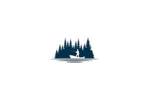 pin cèdre conifère conifère à feuilles persistantes sapin mélèze cyprès pruche tress forêt avec pêcheur homme bateau pêche aventure en plein air conception de logo vecteur