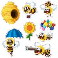 Conception d&#39;autocollant avec ruche et de nombreuses abeilles vecteur