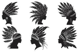 originaire de américain Indien tribal chef plume chapeau, main tiré originaire de américain Indien coiffure, américain tribal chef coiffure plumes. vecteur