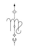 Vierge zodiaque signe et symbole travail au noir tatouage. sacré géométrie horoscope tatouage conception, mystique symbole de constellation. Nouveau école dotwork, ligne art minimaliste style tatouage. vecteur