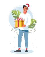 un homme tenant une grande boîte avec un cadeau enveloppé d'un ruban dans un chapeau de père noël. concept de vacances, noël et nouvel an 2022. des gens heureux avec des cadeaux. illustration vectorielle isolée sur fond blanc. vecteur