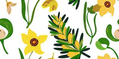 une modèle avec Jaune fleurs et feuilles vecteur