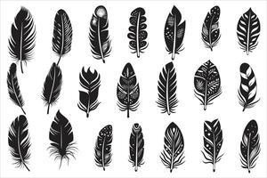 rustique ethnique décoratif plumes ensemble noir silhouette, collection de dessiné à la main plumes, ensemble de décoratif animal plumes, oiseau plume icône silhouette collection vecteur
