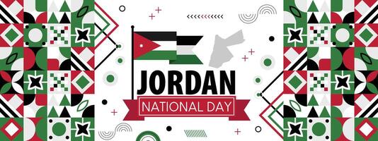 Jordan indépendance journée abstrait bannière conception avec drapeau et carte. drapeau Couleur thème géométrique modèle rétro moderne illustration conception. vert, blanc, noir et rouge Couleur modèle. vecteur