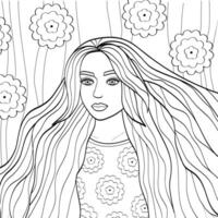 portrait de une magnifique fille avec longue cheveux. contour de une Jeune femme. illustration pour coloration pages, avatars, logos. vecteur