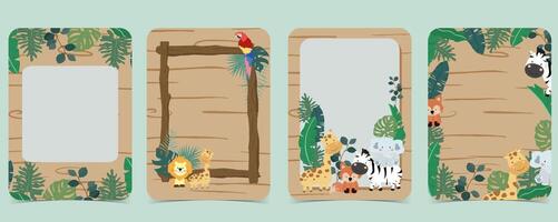 safari bannière avec girafe, éléphant, zèbre, renard et feuille Cadre. illustration pour a4 conception vecteur