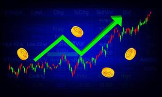 vert La Flèche en haut avec pièces de monnaie et chandelier graphique Stock marché la finance La technologie vecteur