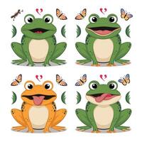 mignonne dessin animé grenouille ensemble, animation cadres. adorable peu grenouille souriant, sauter, coassement, agitant et contagieux mouche avec langue. Facile plat style illustration. vecteur