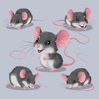 dessin animé Souris ensemble. gris velu rongeur peu rat avec rose chauve queue en marchant ou séance isolé sur blanche. illustration pour animal de compagnie, animal, faune concept vecteur