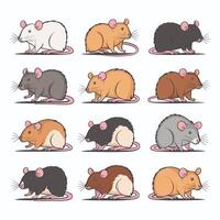 dessin animé Souris ensemble. gris velu rongeur peu rat avec rose chauve queue en marchant ou séance isolé sur blanche. illustration pour animal de compagnie, animal, faune concept vecteur