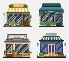ensemble de rétro fleurs boutique façade détaillé avec moderne petit bâtiments vecteur