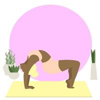 sportif noir Jeune femme Faire yoga aptitude des exercices sur le tapis, près les plantes. en bonne santé mode de vie. collection de femelle dessin animé personnages démontrant divers yoga postes isolé sur blanc vecteur